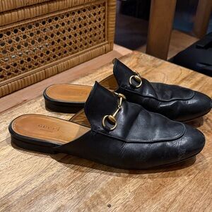 Gucci Black Leather Slip-On Loafers with Gold Detail